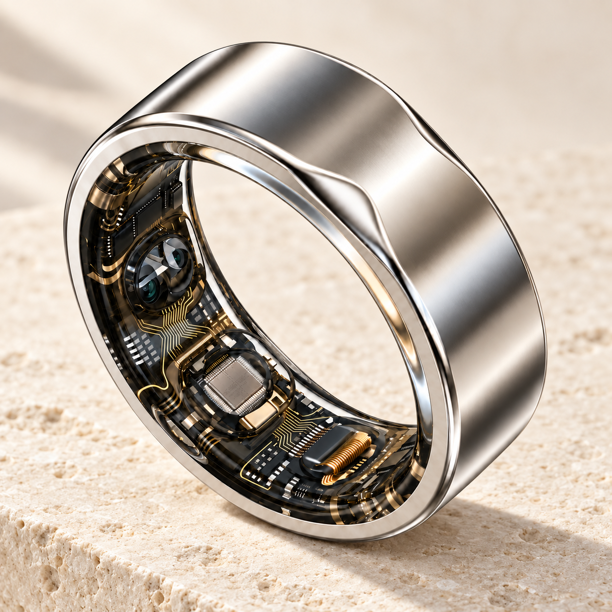 Eclipse Ring in Ice Silver aus der Nähe: Gehäuse aus Titan, Sensoren auf der Innenseite
